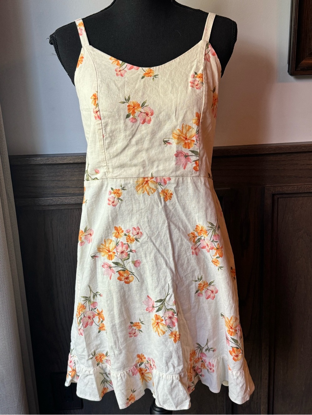 Old Navy Linen blend Cream Mini Sundress with Pink & Orange Floral Print med
